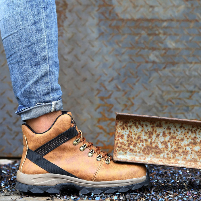 Beige Leather High-Top Safety Shoes